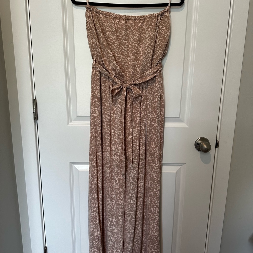 She + Sky Pink Strapless Tie Front jumpsuit.